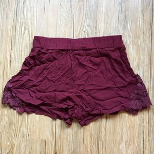 Maroon Gauzy Lace Detail Shorts
